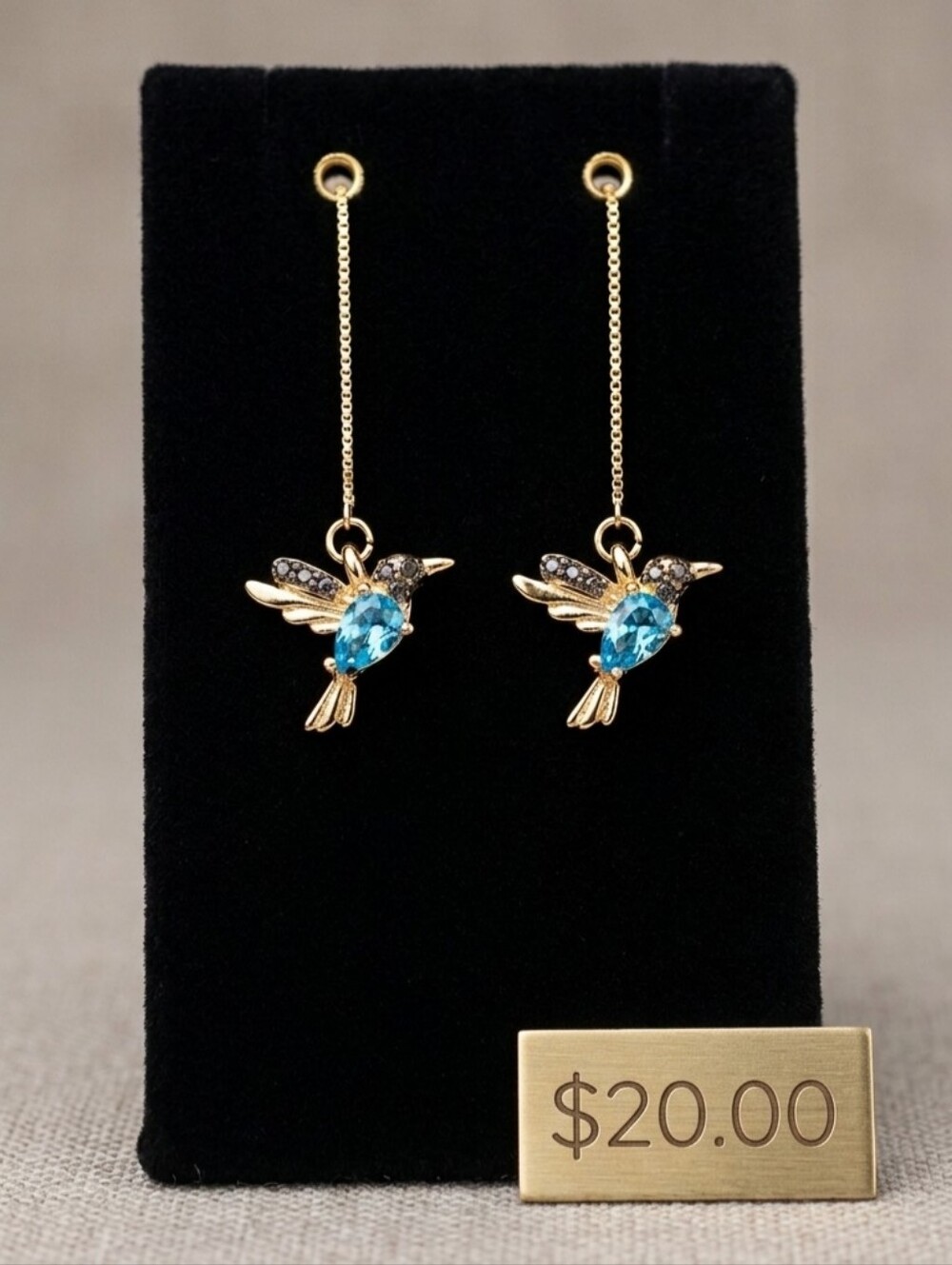 Hummingbird Earrings Long Tassels Threader Dangle Gold Plated